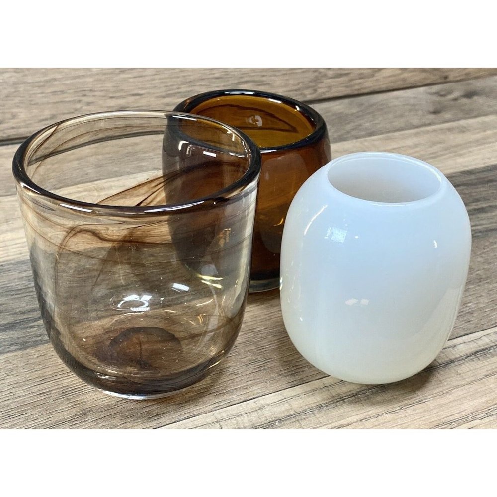 Art Glass Candle Holder Lot of 3  Brown & White Hand Blown